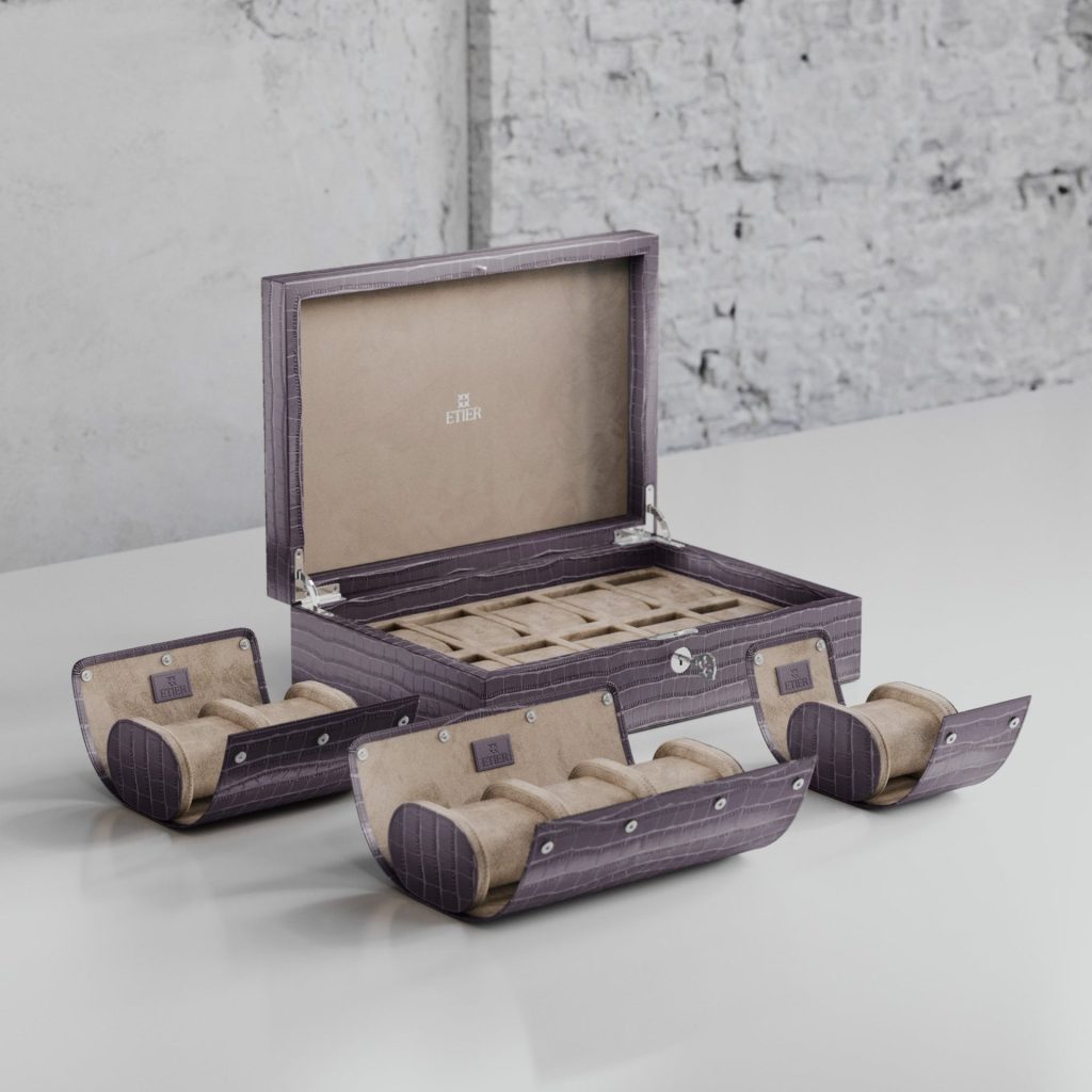 Etier luxury watch storage collection featuring handcrafted leather watch cases and rolls for refined collectors.