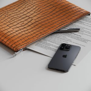 Vanto A4 Zip Pouch Tan Crocodile Leather