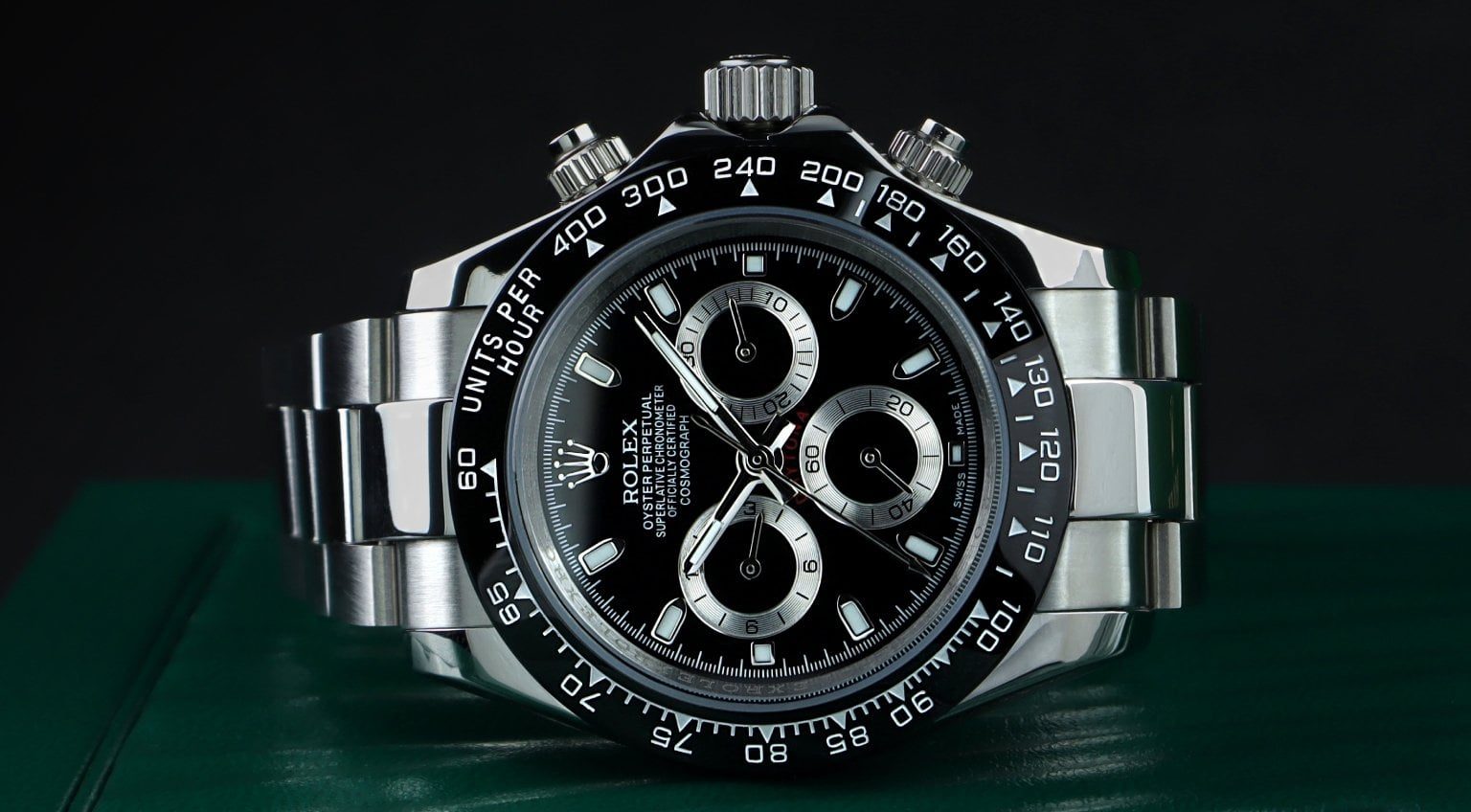 The Rolex Daytona in stainless steel displayed with its precision chronograph and racing bezel