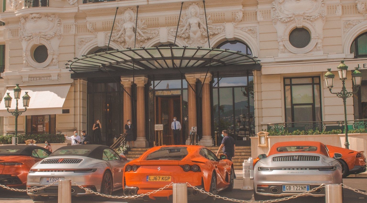 Supercars parked outside the Monte Carlo Casino, capturing Monaco’s luxury lifestyle