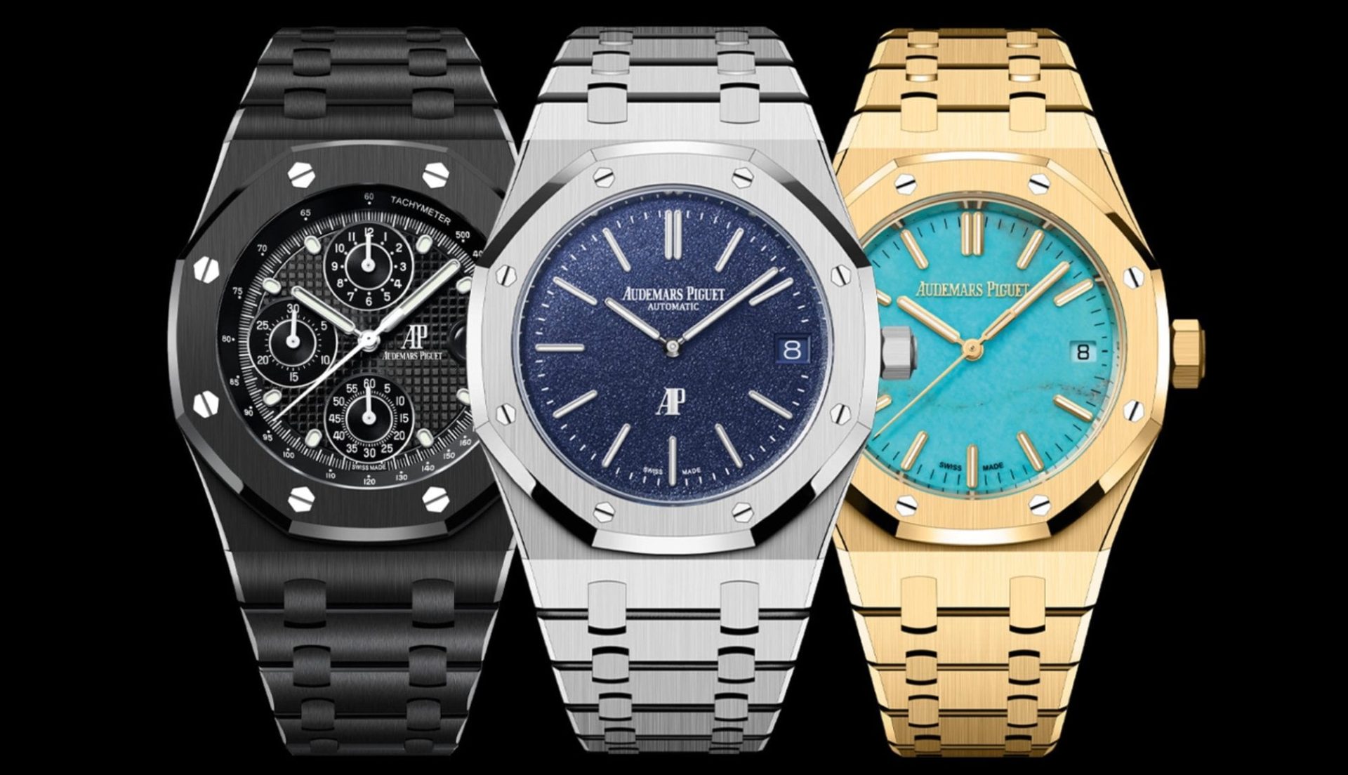 Collection of Audemars Piguet Royal Oak watches in black ceramic, stainless steel and yellow gold finishes