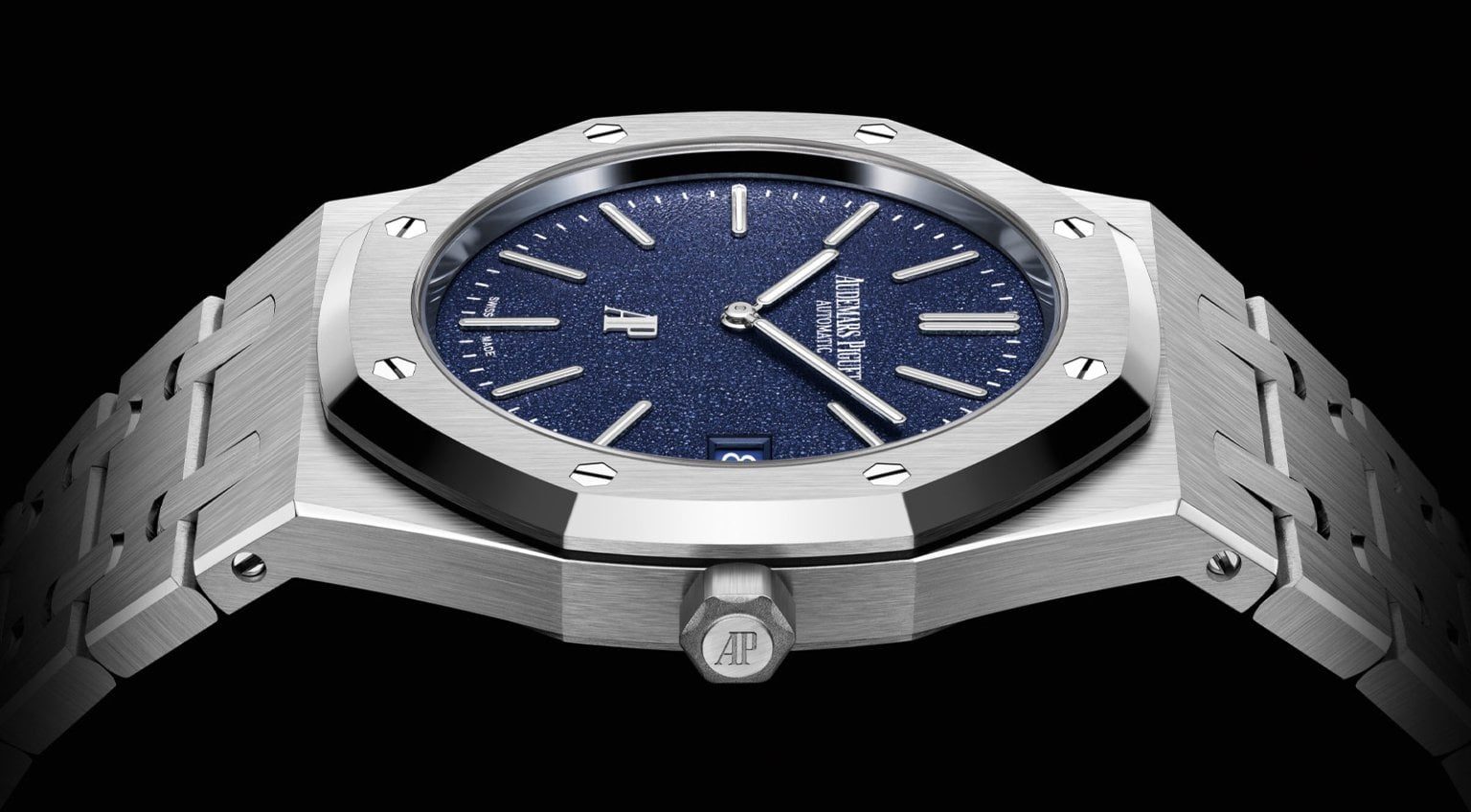 Side profile of the Audemars Piguet Royal Oak in stainless steel, highlighting the slim case and blue dial