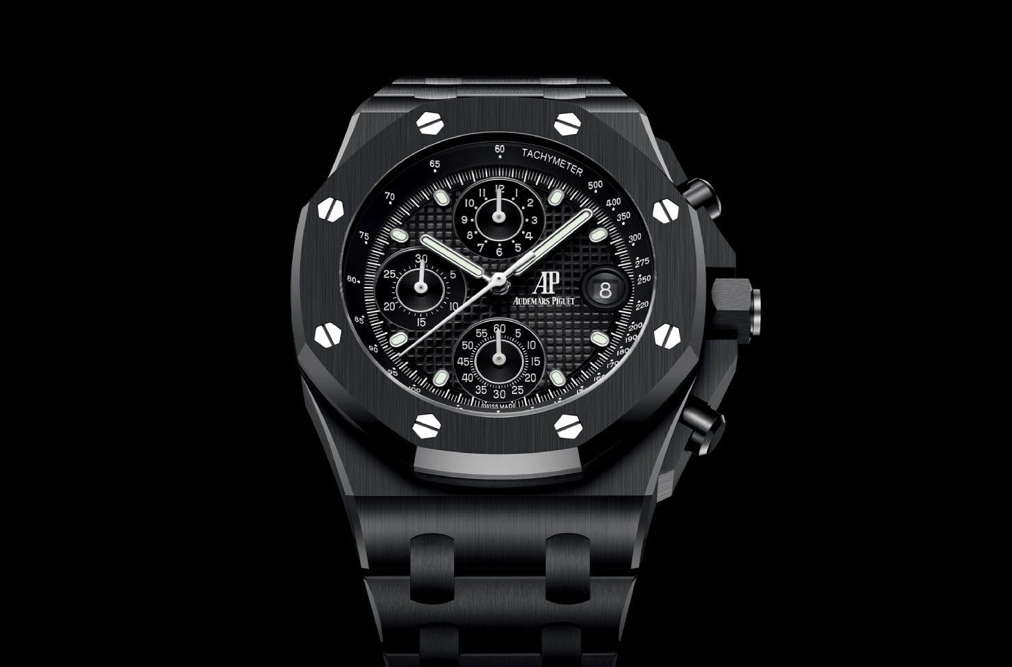Audemars Piguet Royal Oak chronograph in black ceramic with signature screws and integrated bracelet design