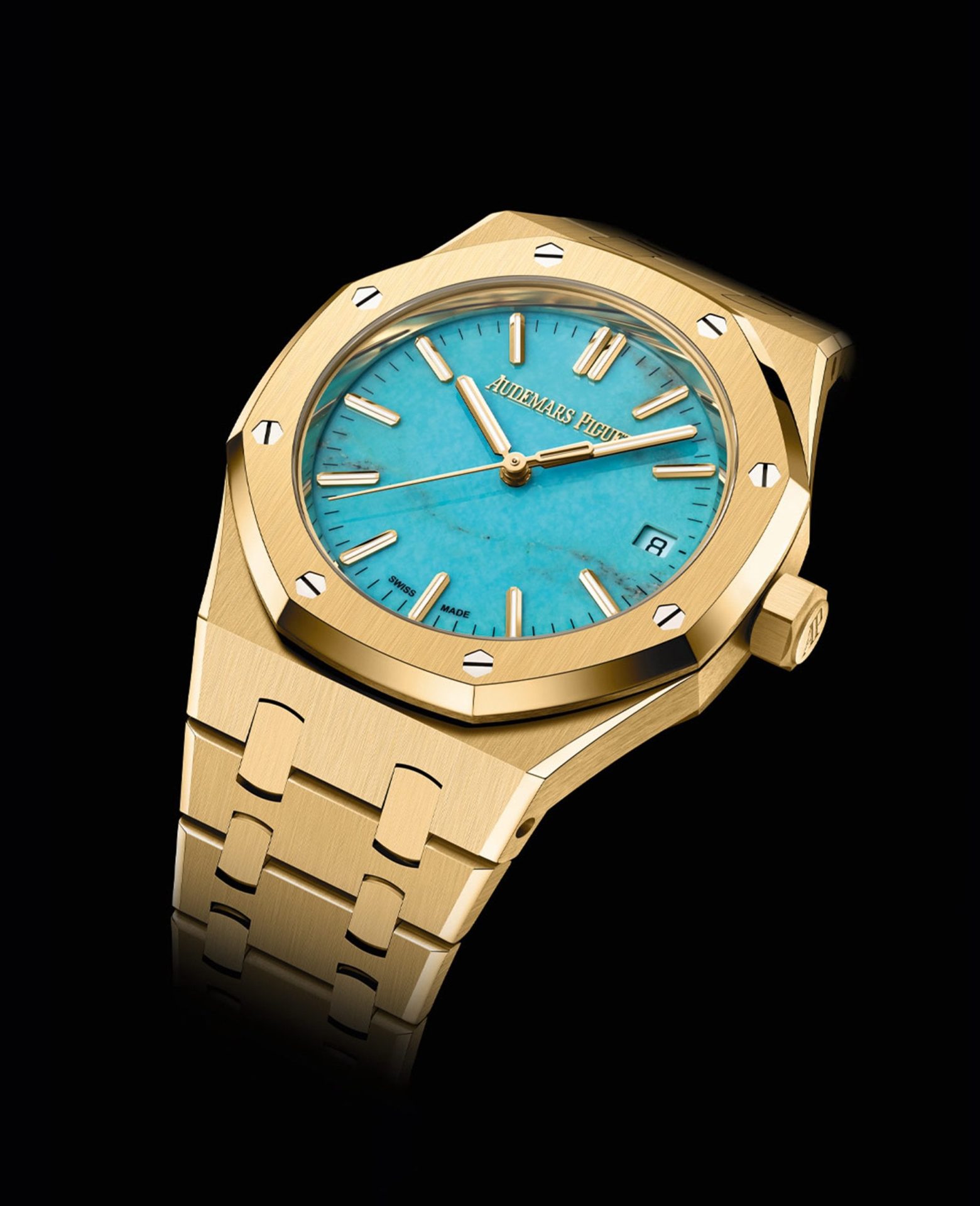 Audemars Piguet Royal Oak in yellow gold with turquoise dial, showcasing the iconic octagonal bezel and integrated bracelet