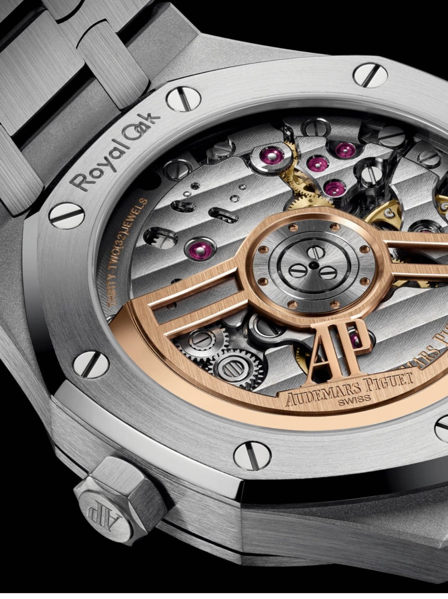 Audemars Piguet Royal Oak caseback revealing the mechanical movement and high-end watchmaking craftsmanship