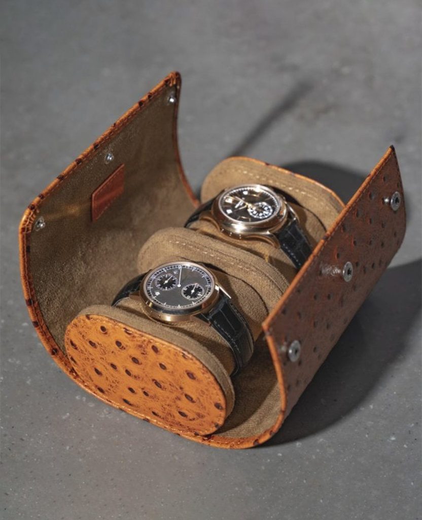 Ostrich leather watch roll featuring a distinctive quill texture, designed for refined watch storage and travel protection