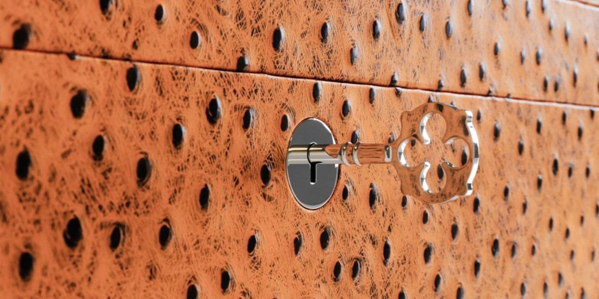 Detail of ostrich leather case showcasing polished hardware and refined craftsmanship